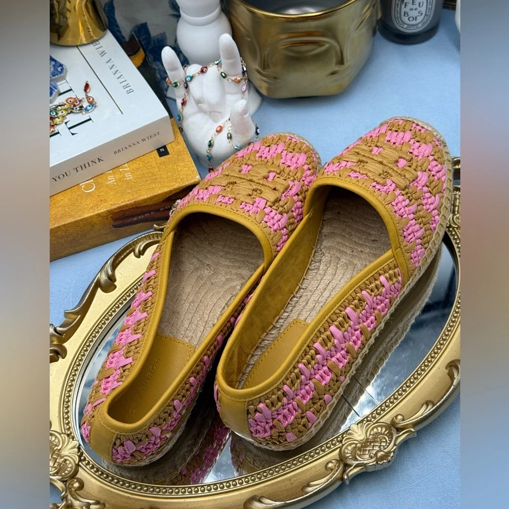🆕 TORY BURCH 🧿 NWOB Eleanor Crochet Woven Espadrilles, Pink Carnation - Sz 7